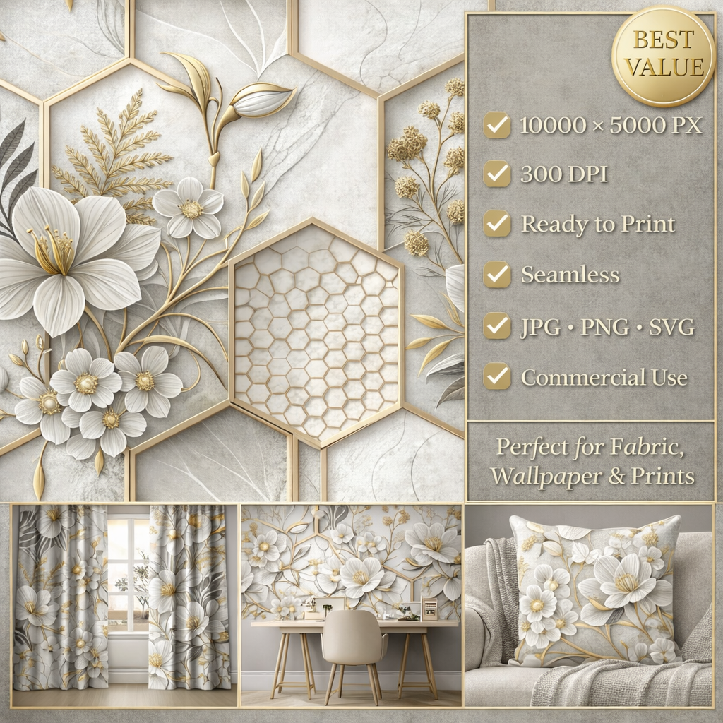 Luxury Marble Hexagon Floral Seamless Pattern Gold White Elegant Geometric Background for Wallpaper Design