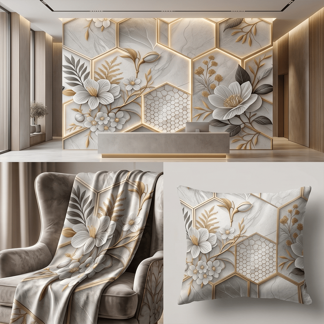 Luxury Marble Hexagon Floral Seamless Pattern Gold White Elegant Geometric Background for Wallpaper Design