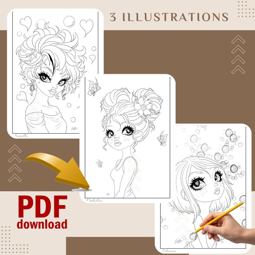 coloriage adulte  illustration à colorier  pack coloriage  art mystique  dessin femme  printable coloring  coloriage pdf  coloriage magique  coloriage poétique  trio illustration  art ensorcelant  colouring page  dessin à imprimer