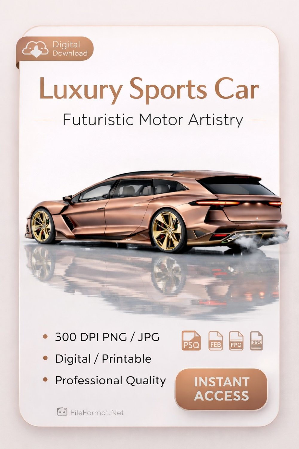 Rose gold hyper luxury sports wagon rear angle with exhaust smoke, futuristic automotive design with gold rims and LED lights
