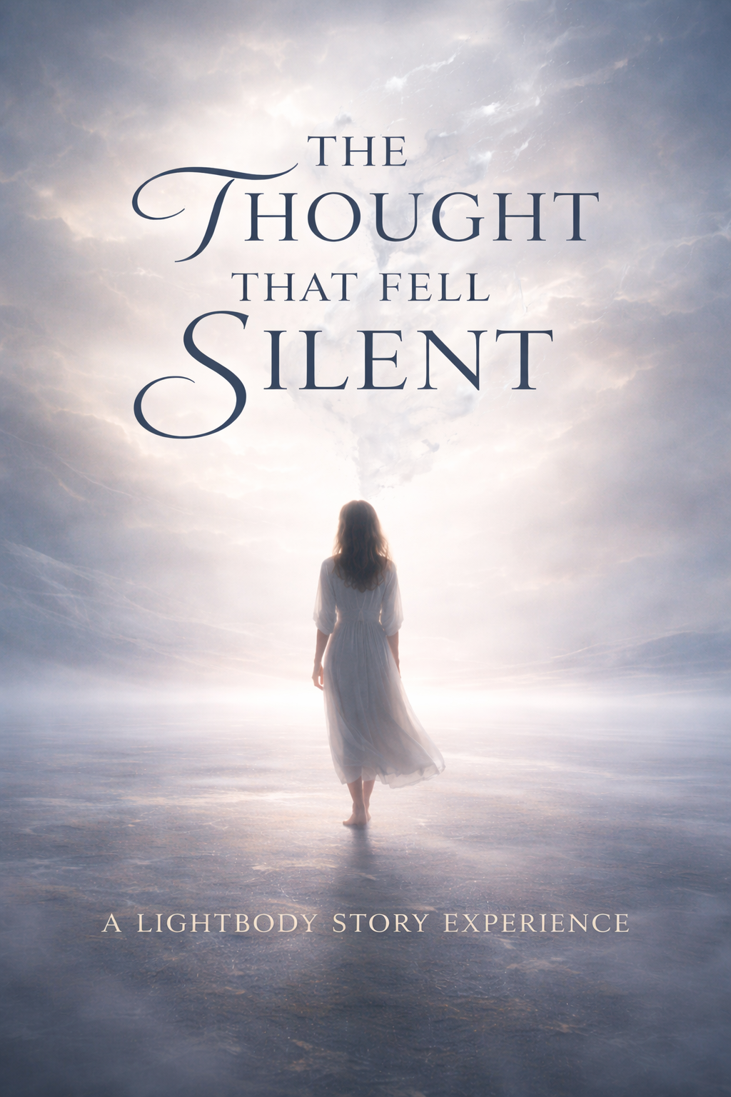 The Thought That Fell Silent Audiobook by Awaken the Oracle - An evocative cover featuring an elegant silhouette leaning into a vast, deep expanse of quiet, shimmering indigo stars.