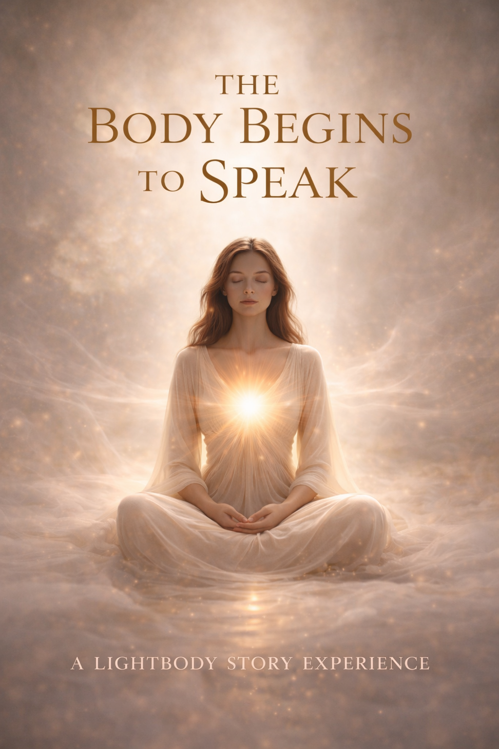 The Body Begins to Speak Audiobook by Awaken the Oracle - A serene book cover showing a physical silhouette radiating a soft, pulsing golden light from within the heart and nervous system.