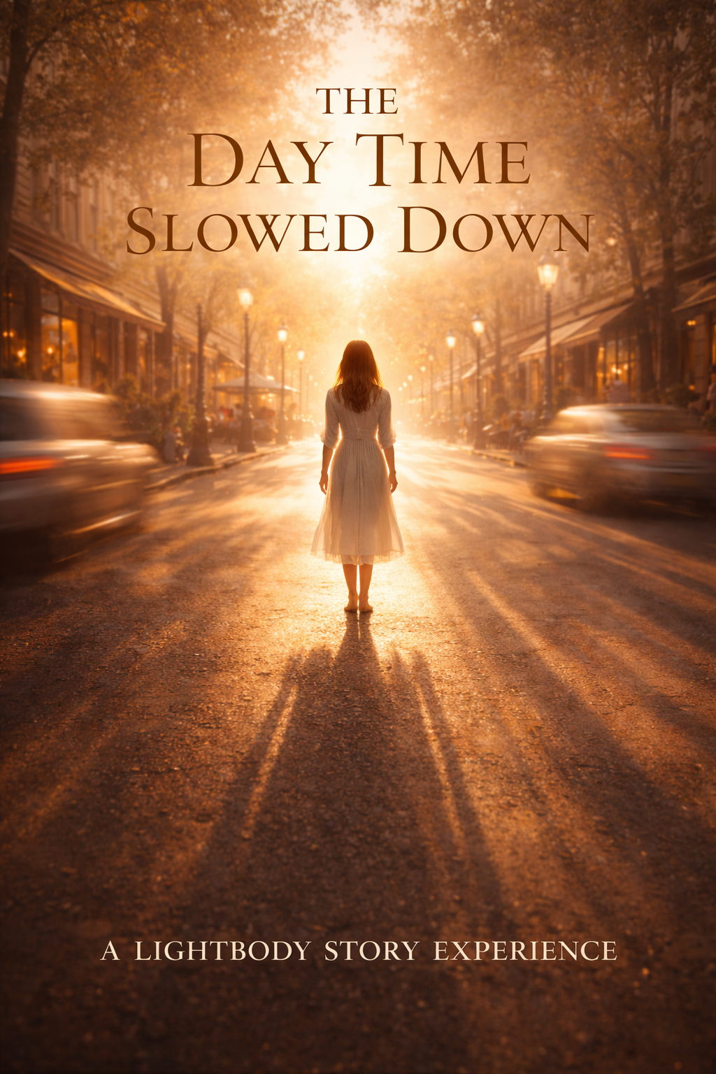 The Day Time Slowed Down Audiobook by Awaken the Oracle - An atmospheric book cover depicting a single clock dial softly blurring and dissolving into a luminous, golden field of endless light.