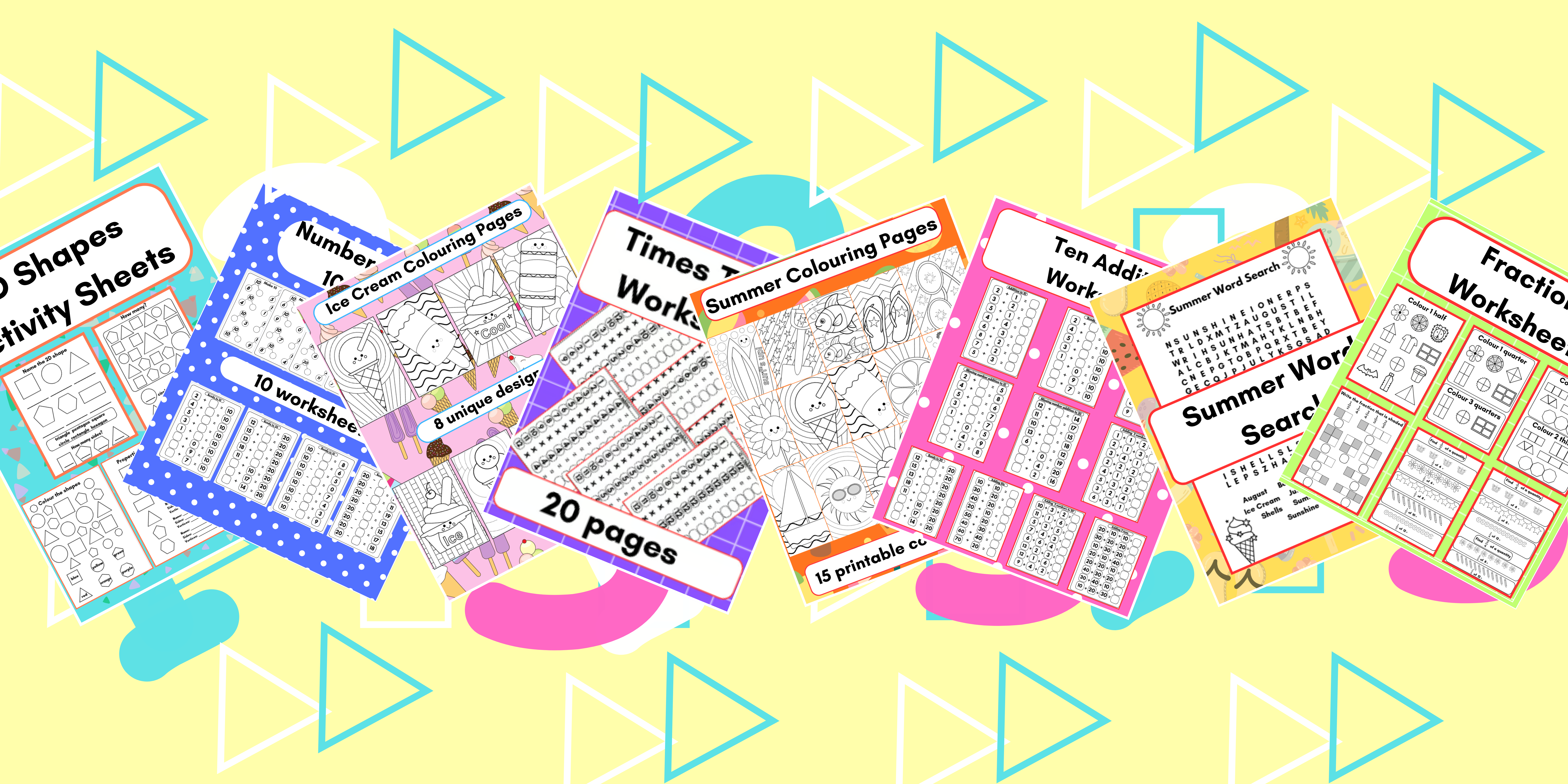 A selection of cover images to show the different worksheets available. Shapes, Number bonds, word search, fractions, addition, colouring.