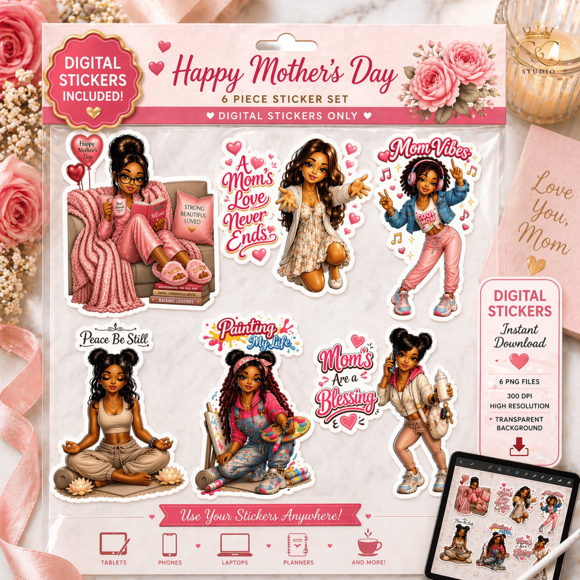 Sweet Mother’s Day Chibi Sticker Pack | 6 Glam Mom Digital Stickers ...