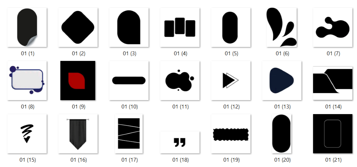 abstract shapes · silhouette design elements · UI graphic assets · blob shapes download · social media design pack · presentation shapes · Canva elements · Photoshop brushes · digital download graphics · modern design toolkit · play button icon · quote mark graphic · banner shape elements