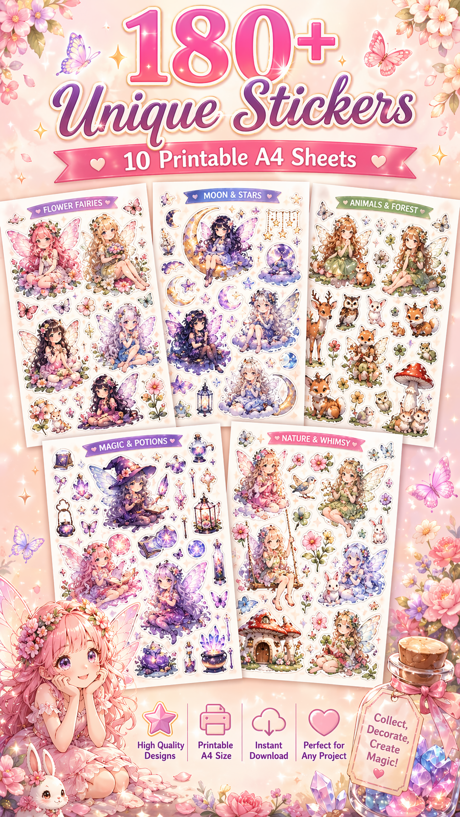 Fairy Sticker Mega Pack – 10 Printable A4 Sheets | Cute Anime Fairy Stickers (180+ Designs)