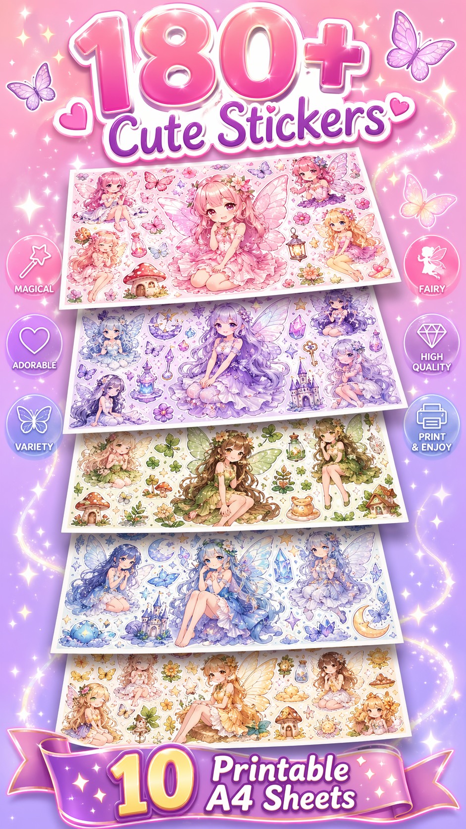 Fairy Sticker Mega Pack – 10 Printable A4 Sheets | Cute Anime Fairy Stickers (180+ Designs)