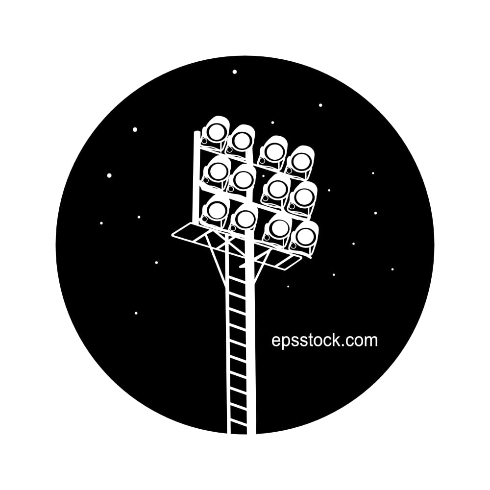 Football light mast in night, black isolated silhouette