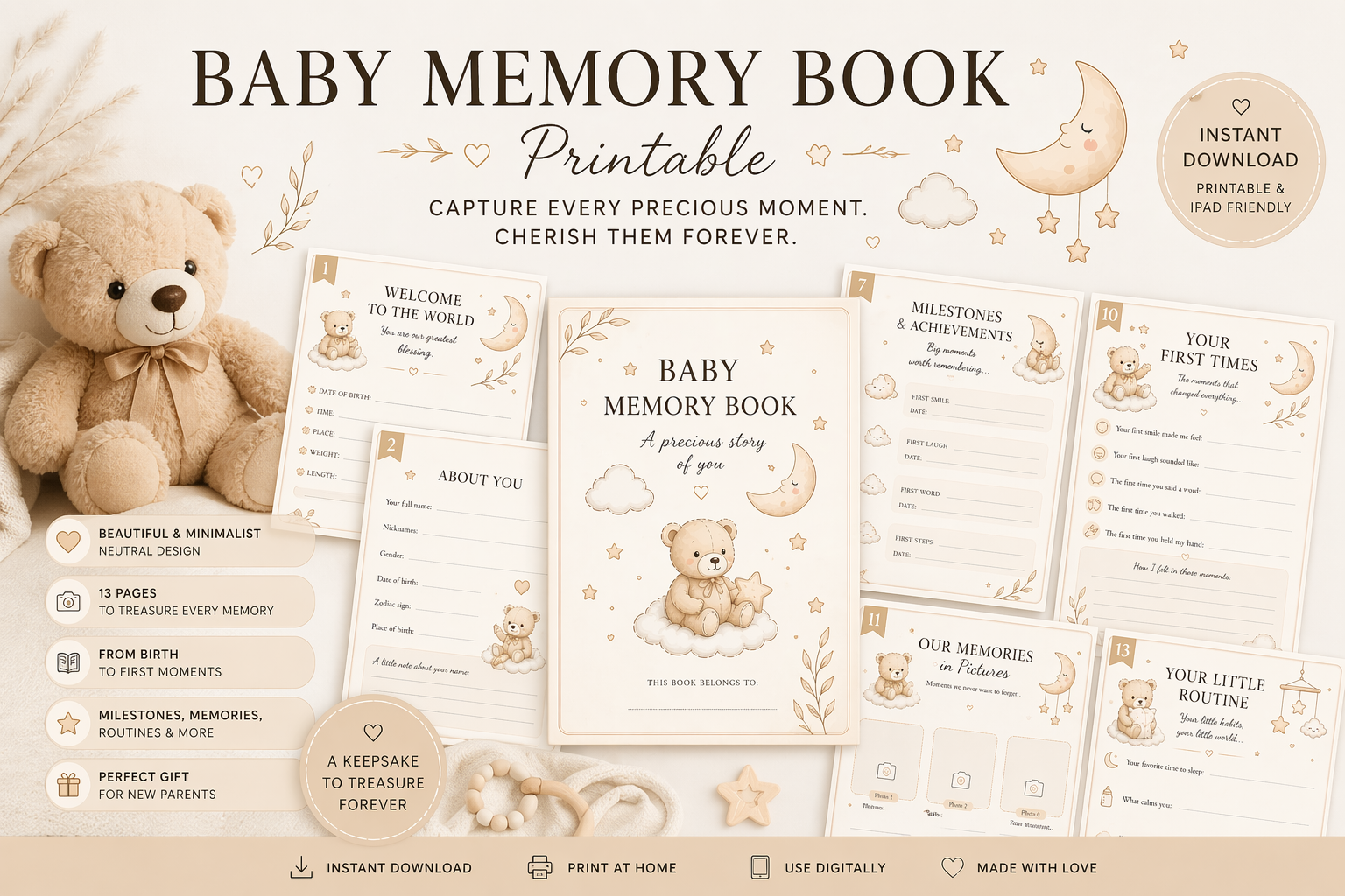 Baby Memory Book Printable – Birth Journal & First Moments Keepsake ...