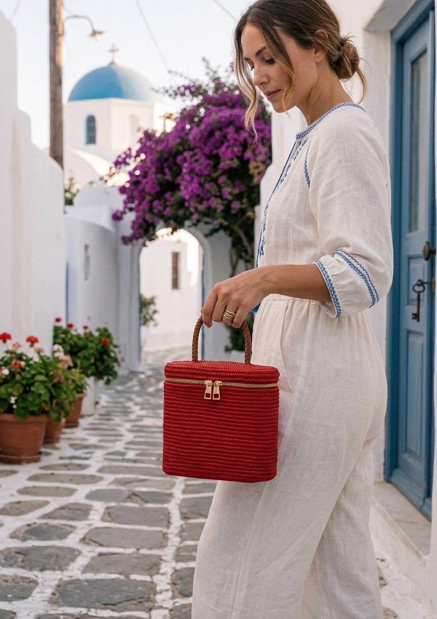 Kasbah Raffia Bag by Palm Tote — compact structured handwoven natural raffia bag with leather handles and detachable shoulder strap, made in Morocco