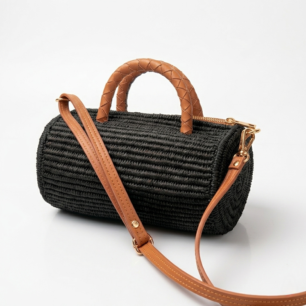 Medina Raffia Bag by Palm Tote — handwoven natural raffia bag finished with vegan leather handles and detachable adjustable shoulder strap, made in Morocco