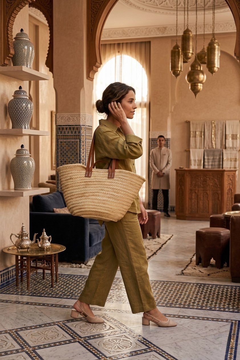 Sahara Basket Bag by Palm Tote — handwoven natural palm straw basket bag with double flat tan leather handles, made in Morocco