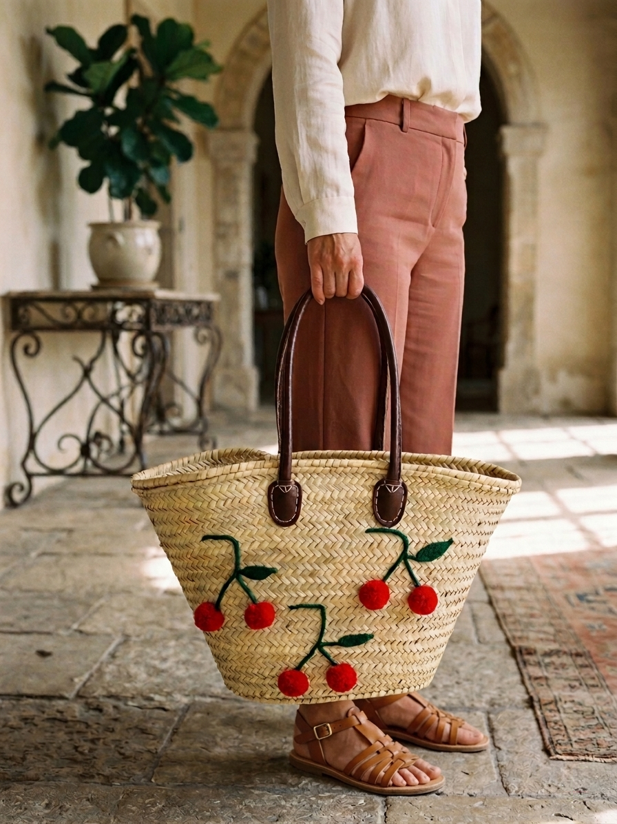 Palm Tote handwoven basket bag being carried by a woman — sustainable slow fashion bags made from natural palm leaves with leather straps