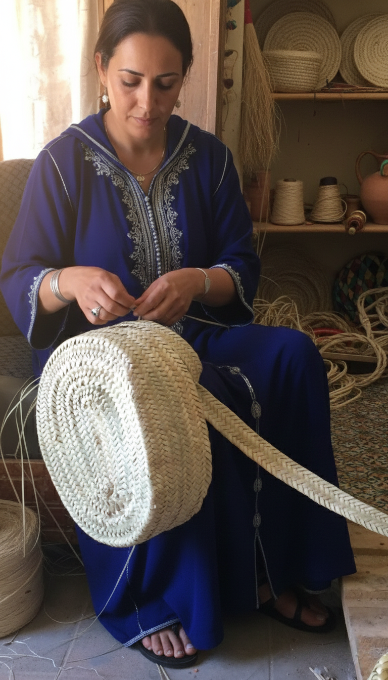 woman-artist-handwoven-palm-leaf-basket-bag