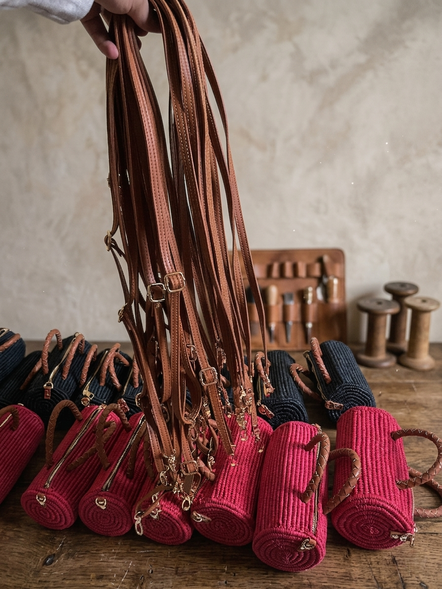 handmade raffia bags with adjustable leather straps and handles