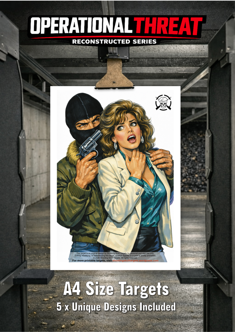 Hostage scenario printable target inspired by 1990s French Police Judiciaire training designs.