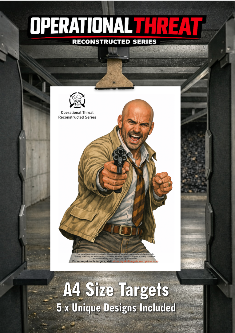 Airgun and BB gun printable target with realistic armed assailant illustration, A4 PDF download.