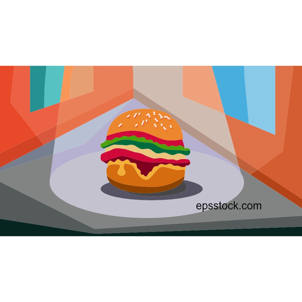 hamburger on table, flat vector illustration