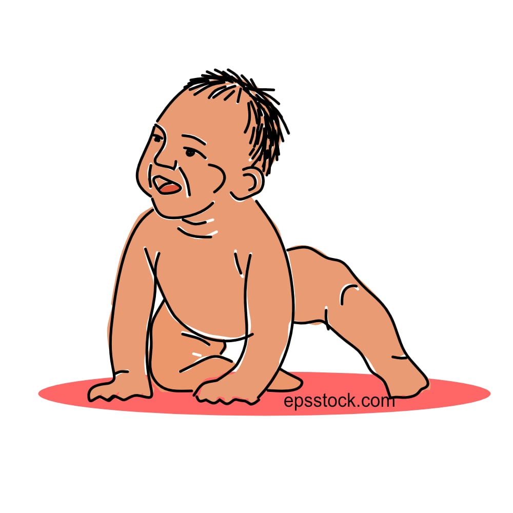 little baby in diaper crawling , flat vector illustration