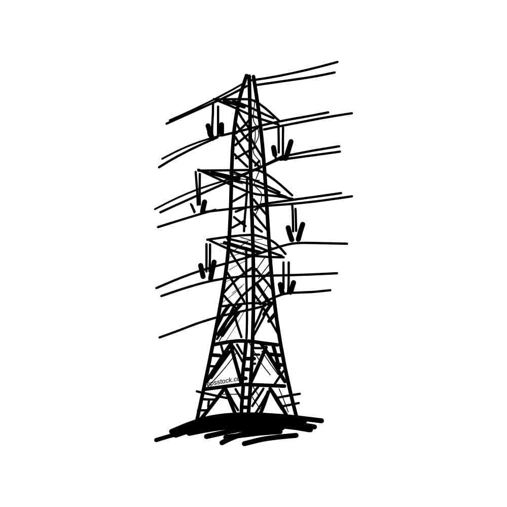 High-voltage HV pylons , black isolated silhouette
