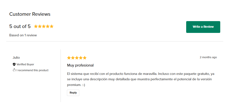 Reseña de 5 estrellas de Julio calificando el producto como Muy profesional y destacando la calidad de la versión premium en nuestra tienda Payhip