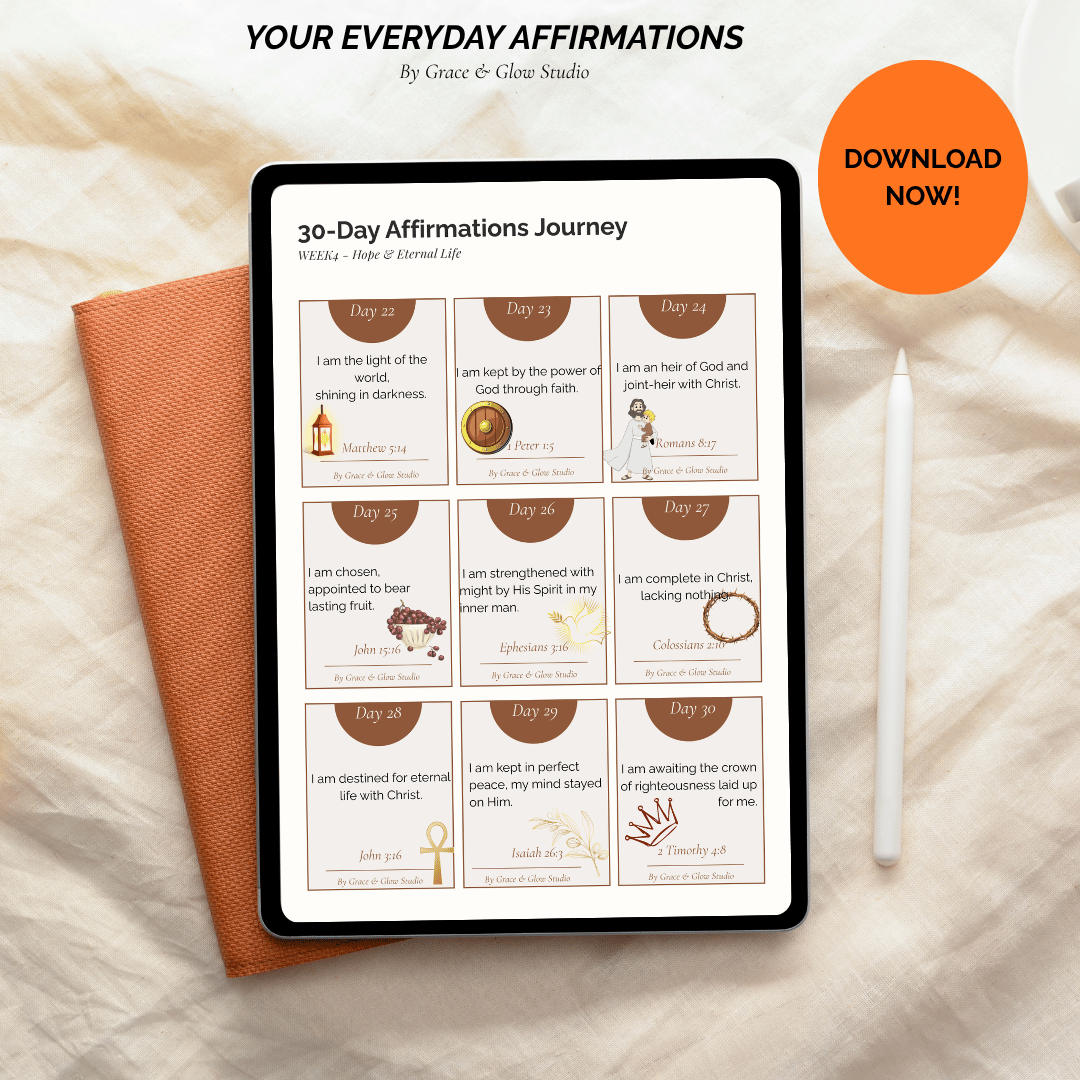 Christian 30‑Day Affirmations Journey printable shown on a tablet mockup with soft beige styling, notebook, and stylus — faith‑based digital download.