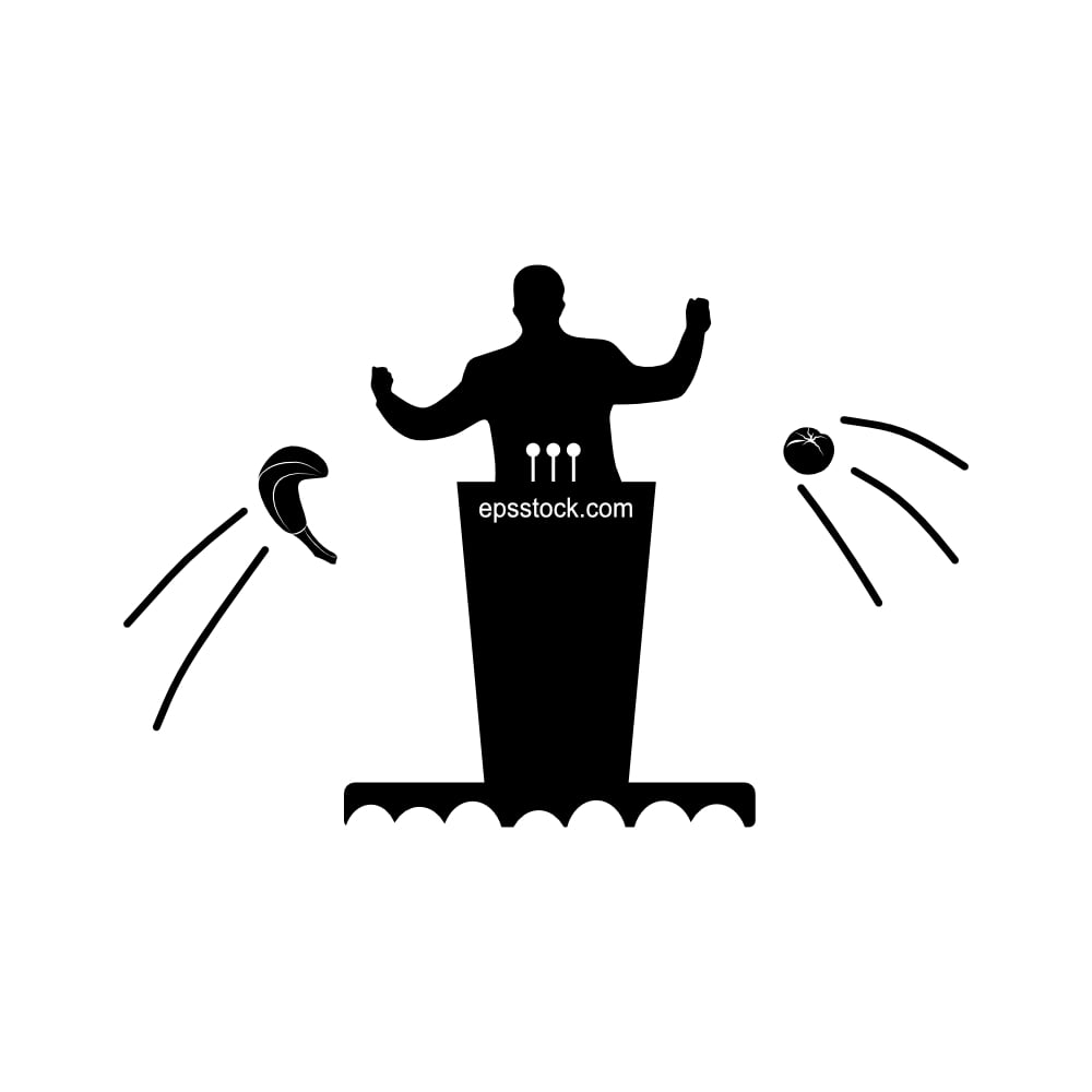 The Bad Speaker stands behind the podium, a black,