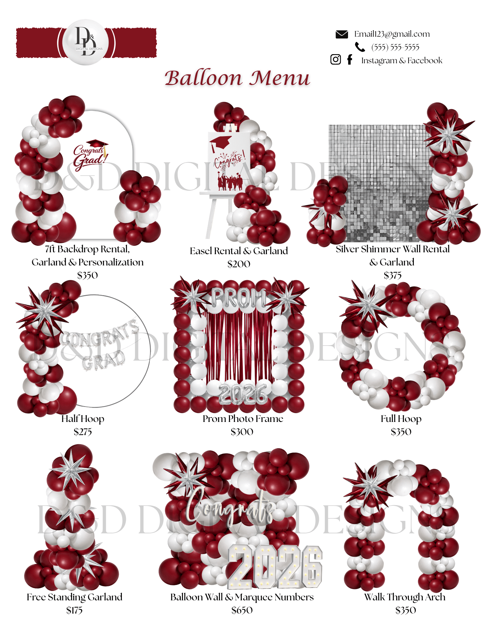 Grad Balloon Menu 2-Page Maroon & White Graduation Balloon Menu Template | Digital ...