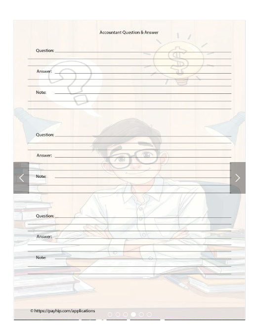 A printable worksheet titled "Accountant Question & Answer" with sections for questions, answers, and notes. Features a friendly accountant illustration and a lightbulb icon.