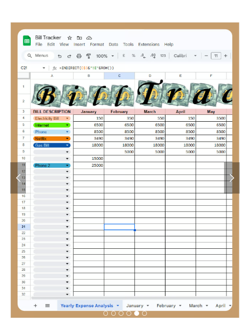 Google Sheets Bill Tracker showing monthly columns for electricity, internet, and Netflix. Features colorful labels and a yearly expense analysis tab for easy budgeting.