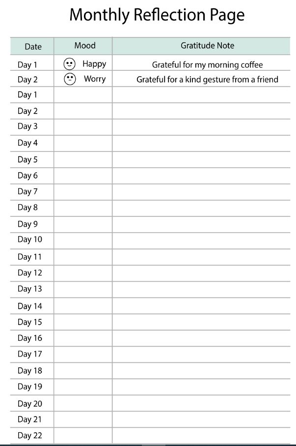 A clean "Monthly Reflection Page" with columns for Date, Mood (with icons like happy and worry), and Gratitude Notes. Includes space for 31 days of mindful journaling.