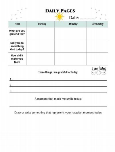 A "Daily Pages" printable with sections for morning, midday, and evening reflections on gratitude and kindness. Includes a mood tracker and space for happiest moments.