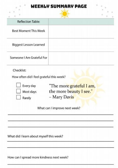 Weekly Summary Page with a reflection table for lessons learned, a gratitude checklist, and an inspirational quote by Mary Davis. Includes sections for self-improvement and kindness.