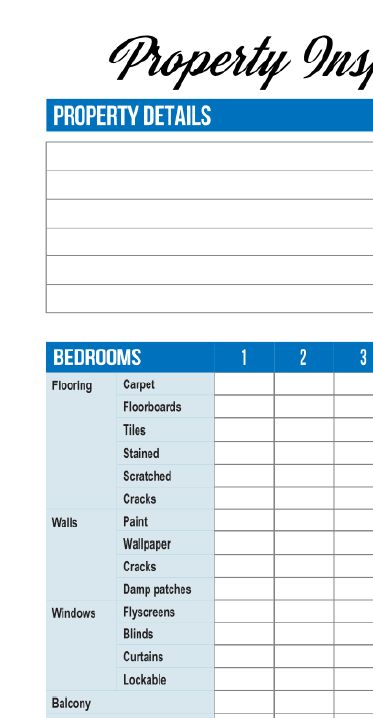 Property inspection form showing "BEDROOMS" section with checklist for flooring (carpet, tiles), walls (paint, cracks), and windows. Professional blue and white layout.