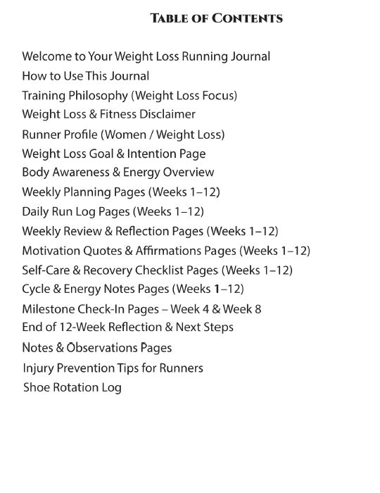 Table of contents for a weight loss running journal, listing sections like Weekly Planning, Daily Run Logs, Injury Prevention, and Milestone Check-Ins for a 12-week program.