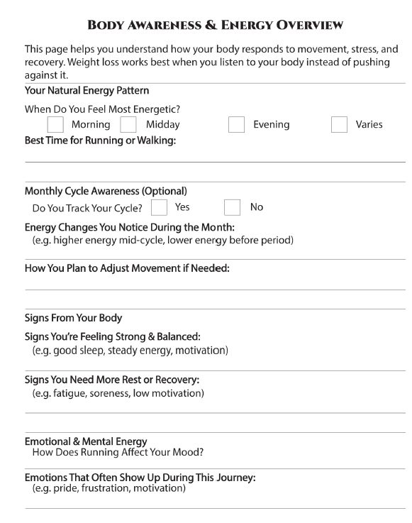 A "Body Awareness & Energy Overview" worksheet with sections for energy patterns, monthly cycle awareness, signs of recovery, and emotional mental energy for runners.