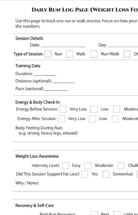 Daily Run Log Page" for weight loss, featuring sections for session duration, distance, energy check-ins before and after runs, and recovery notes. Clean, minimalist design.