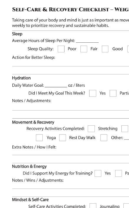A "Self-Care & Recovery Checklist" with sections for Sleep Quality, Hydration (Daily Water Goal), Movement Recovery (Yoga, Stretching), and Nutrition & Energy notes for runners.