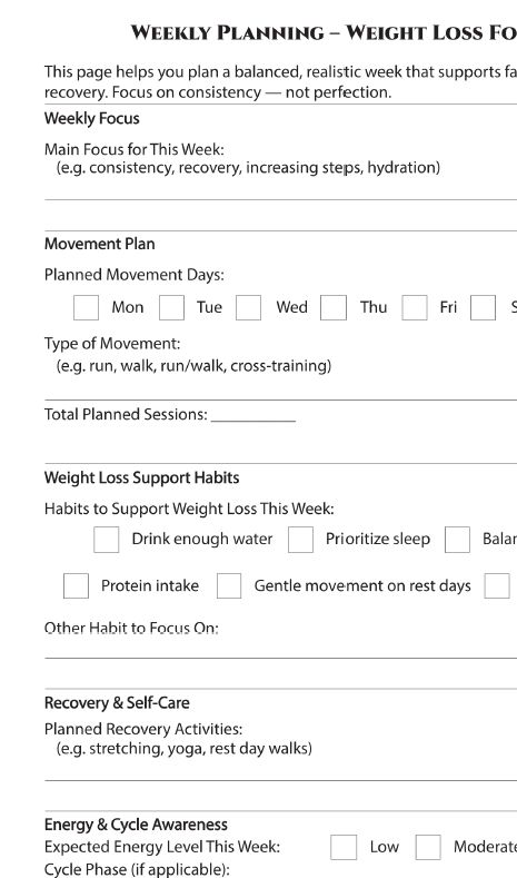 Weekly Planning" sheet for weight loss, featuring a movement plan, habit checklist (water, sleep, protein), recovery activities, and energy level awareness section for runners.