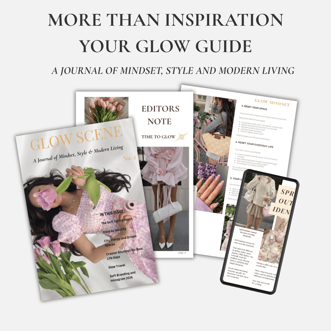 Glow Scene Issue 2 digital magazine mockup with feminine lifestyle pages, mindset inspiration, style identity and modern living theme.