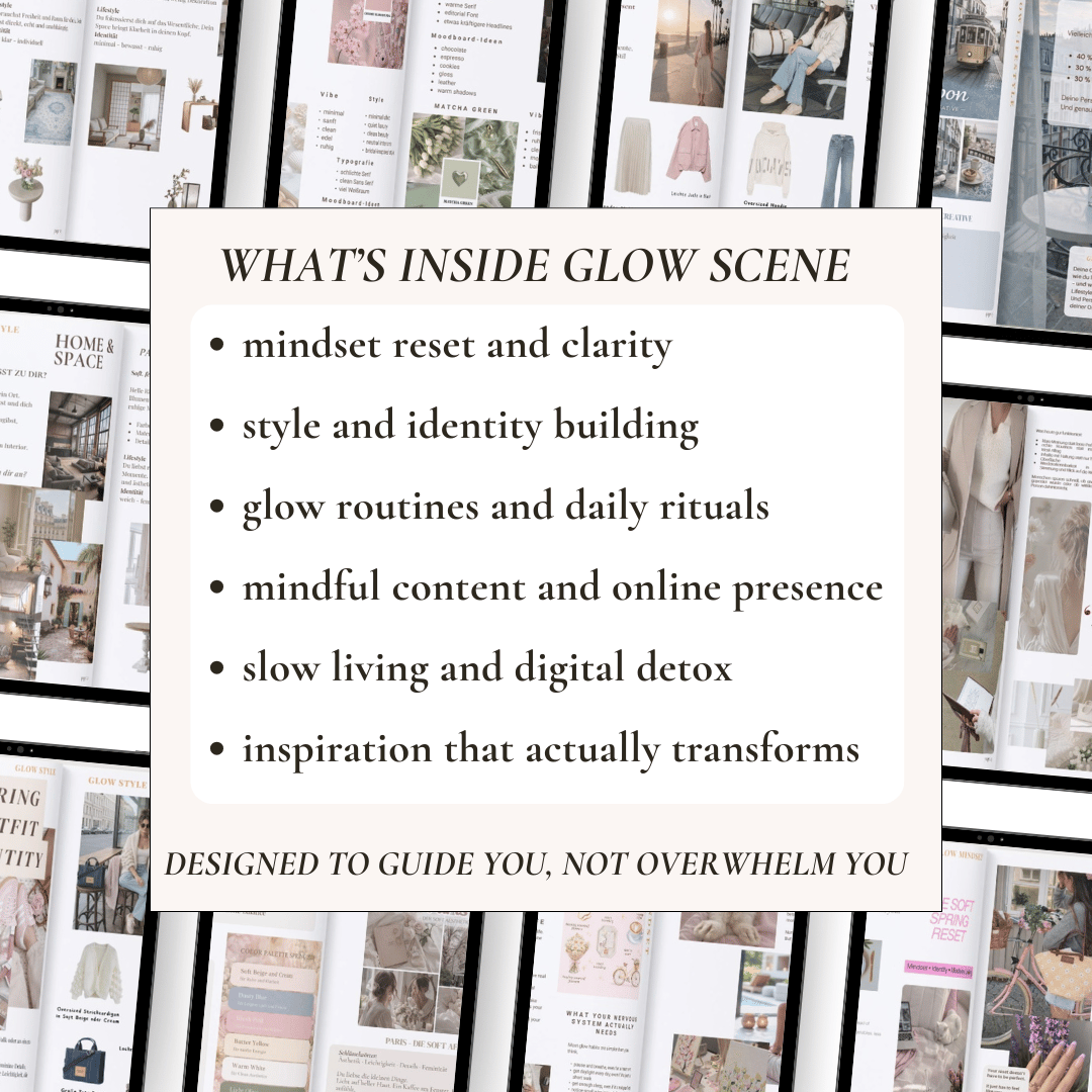 Inside preview of Glow Scene Issue 2 showing mindset reset, clarity, style identity, glow routines, slow living and online presence topics.