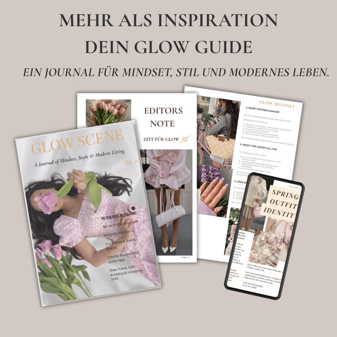 Glow Scene Issue 2 digitales Magazin Mockup mit femininer Ästhetik, Mindset, Stil, modernem Leben und Glow Guide Thema.