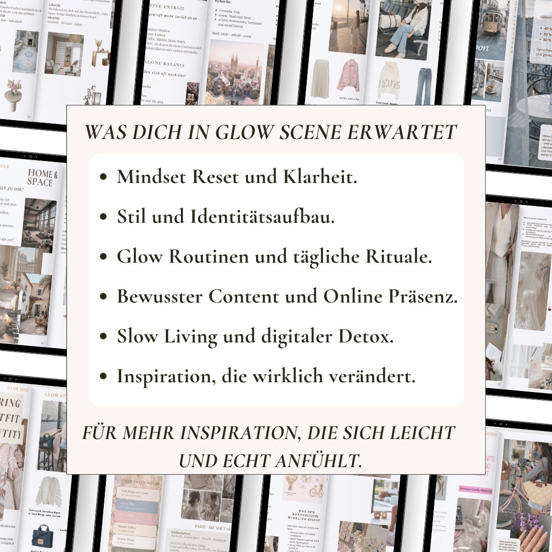 Vorschau auf die Inhalte von Glow Scene Issue 2 mit Mindset Reset, Klarheit, Stil, Identitätsaufbau, Glow Routinen und Slow Living.