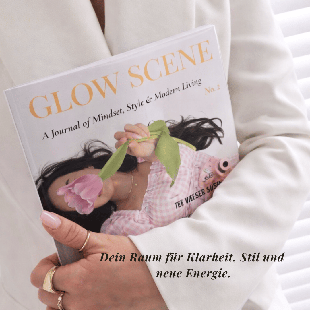 Glow Scene Issue 2 Magazin Cover in einer ruhigen femininen Szene mit Tulpen, sanfter Ästhetik, Klarheit, Stil und neuer Energie.