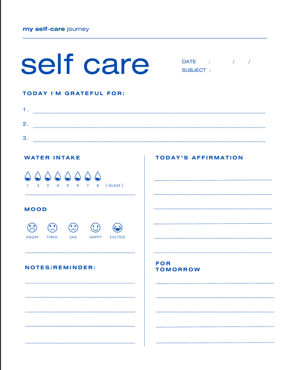 Daily self-care tracker page with white and blue minimal design. Sections include: water intake tracker, todays affirmation line, mood check-in, notes/reminder area, and "for tomorrow" prompt. Gentle, organized layout for daily journaling.