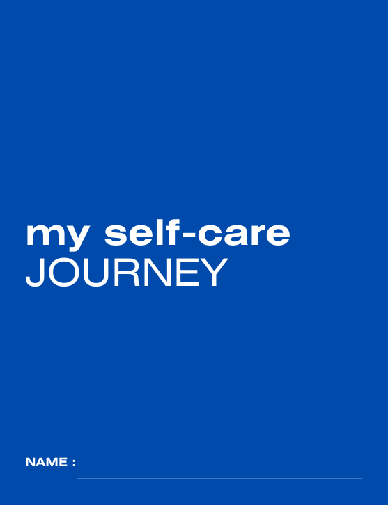 White and blue minimalist journal cover with text "my self-care JOURNEY" in elegant lowercase font. Soft watercolor blue accents on cream background. Clean, calm, modern self-care journal cover.