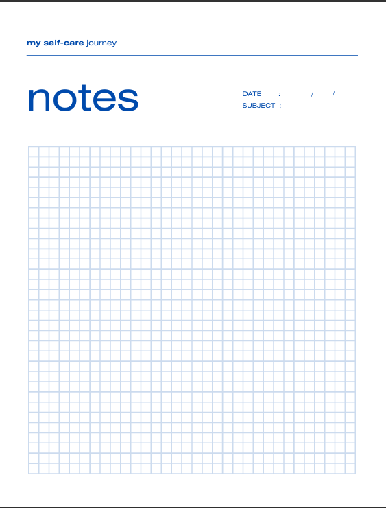 Notes and reminder section of self-care journal. Soft blue lines on white background with "NOTES/REMINDER" and "FOR TOMORROW" headings. Space for free writing and end-of-day reflection.
