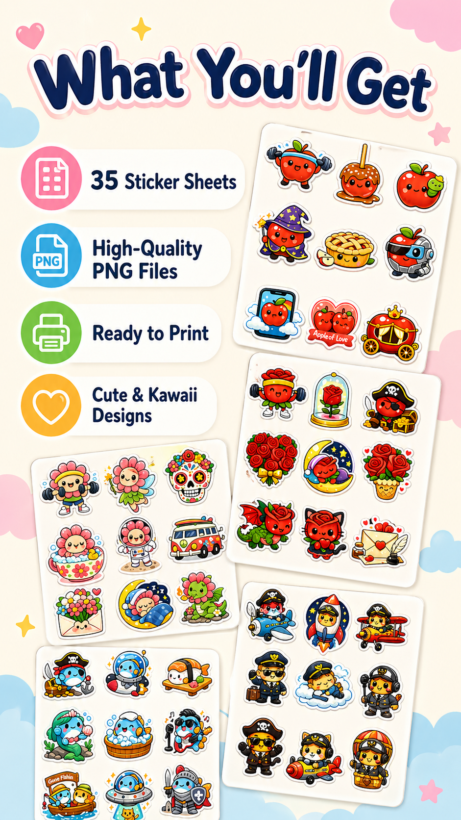 35 Kawaii Sticker Sheets Bundle – 300+ Cute Printable Stickers (Animals, Food & Fun Characters) | Instant Download