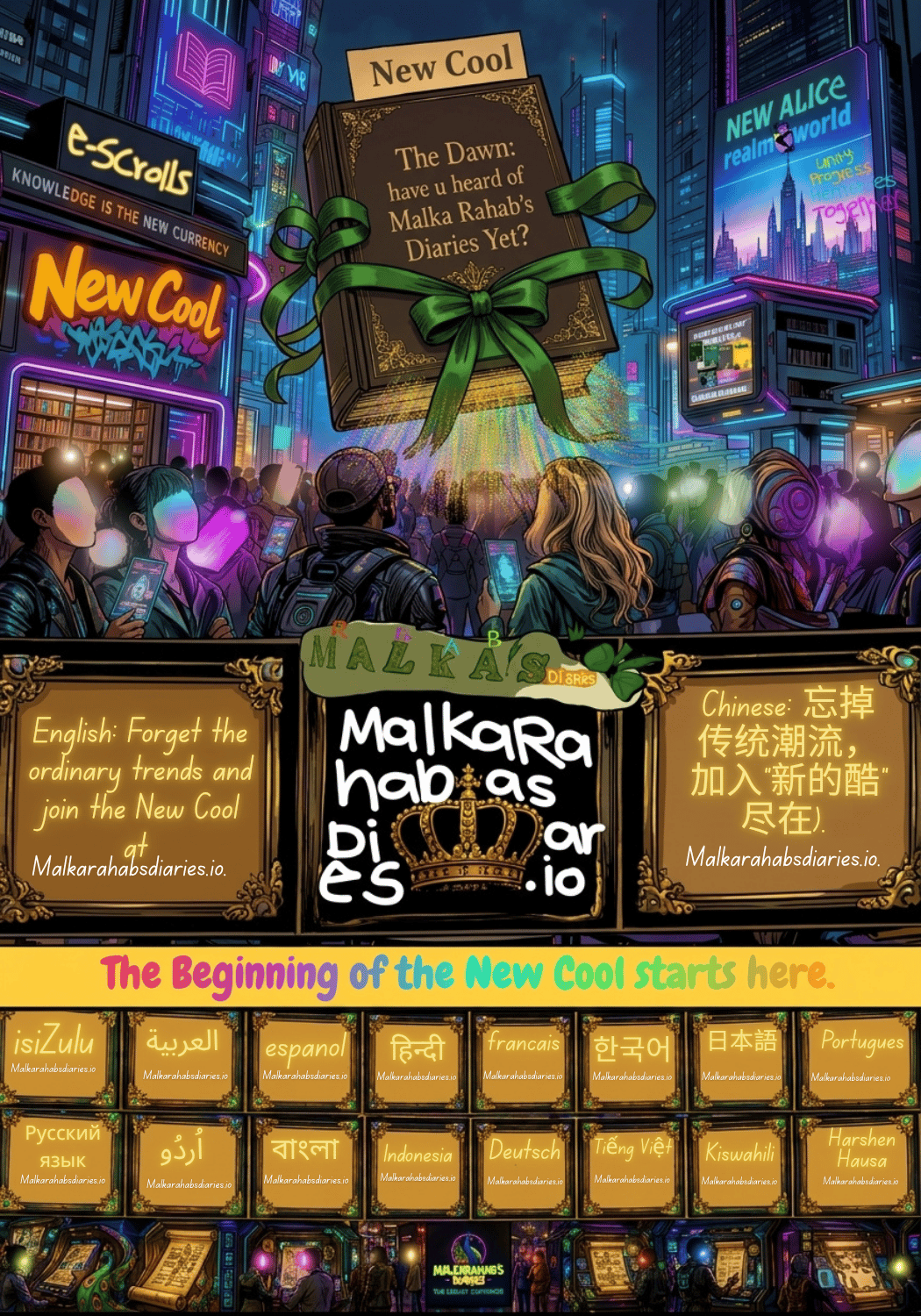 Comic art highlighting the global reach of Malkarahabsdiaries.io, showcasing its impact from America to China, Japan, UAE, Korea, Africa, and Europe, establishing a new global obsession in youth literature.